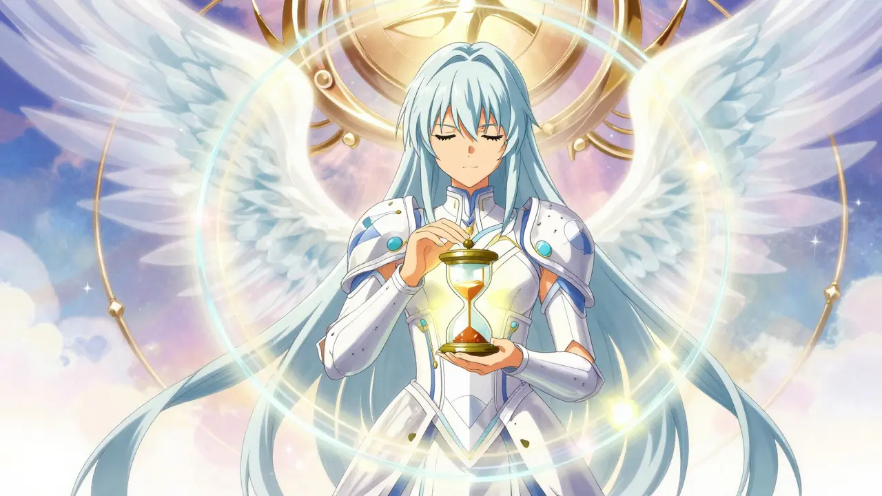 Serene anime character protected by light, symbolizing safe management