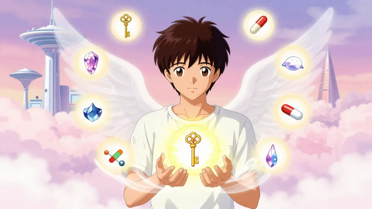 Serene patient protected by medical figures amidst floating drug icons