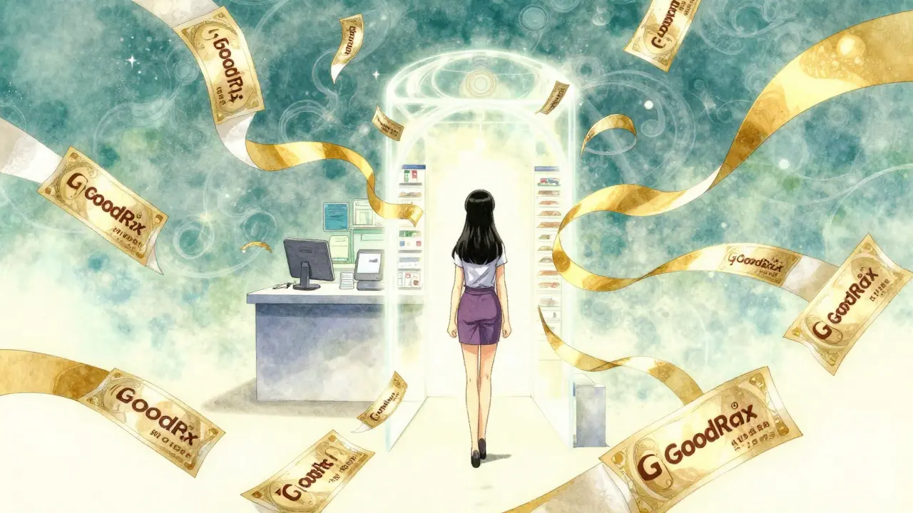 Stylized figure surrounded by floating discount symbols in Yoshitaka Amano style