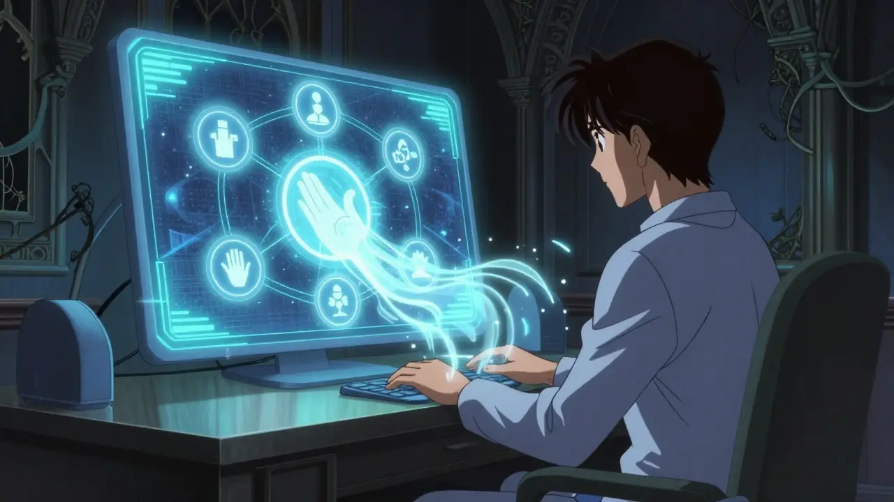 Stylized illustration of a person using a glowing digital interface for a quick online medical consultation.