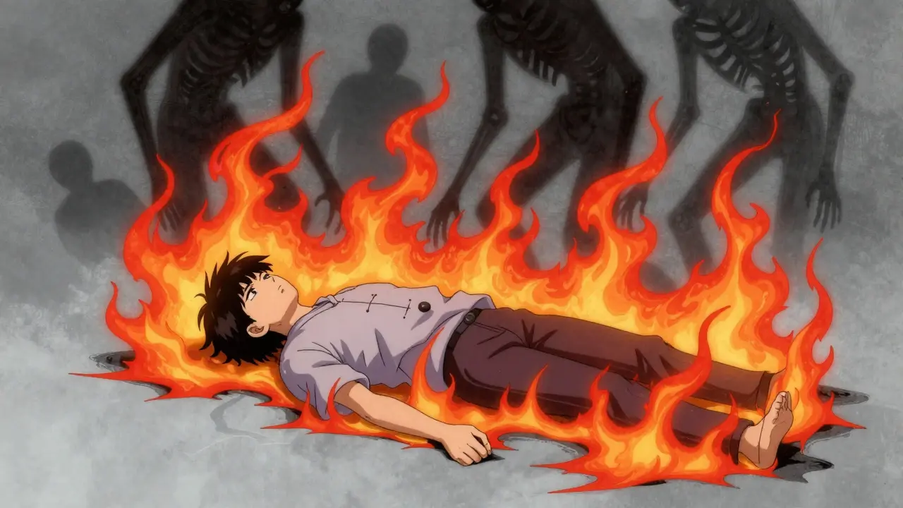 Surreal depiction of overdose symptoms with heat waves and shadows