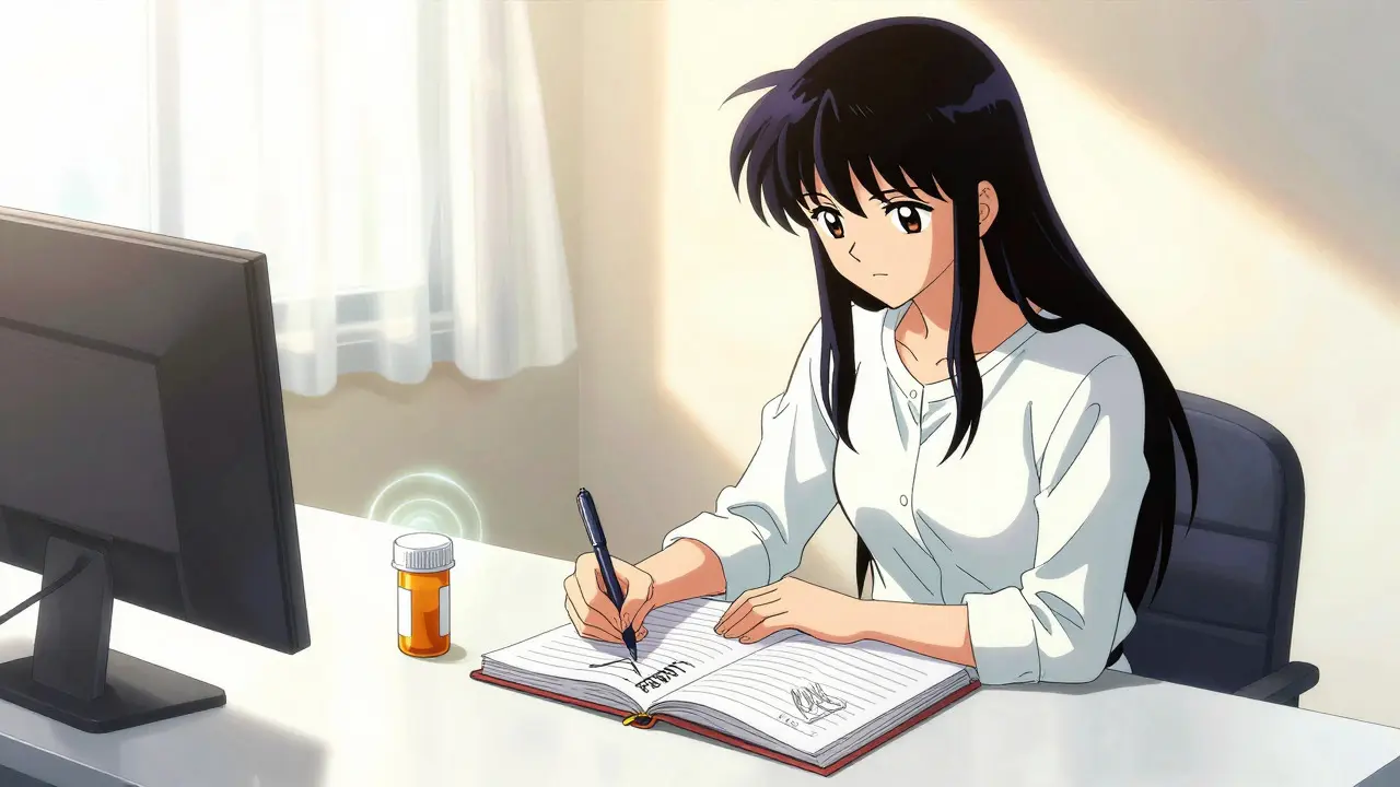 A person writing in a journal next to a glowing prescription bottle.
