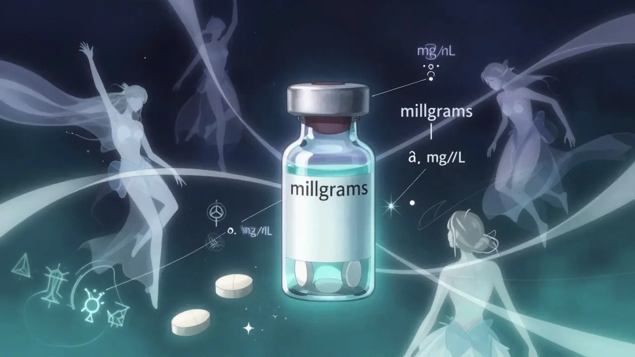Abstract anime art visualizing medication units and liquid ratios with floating symbols