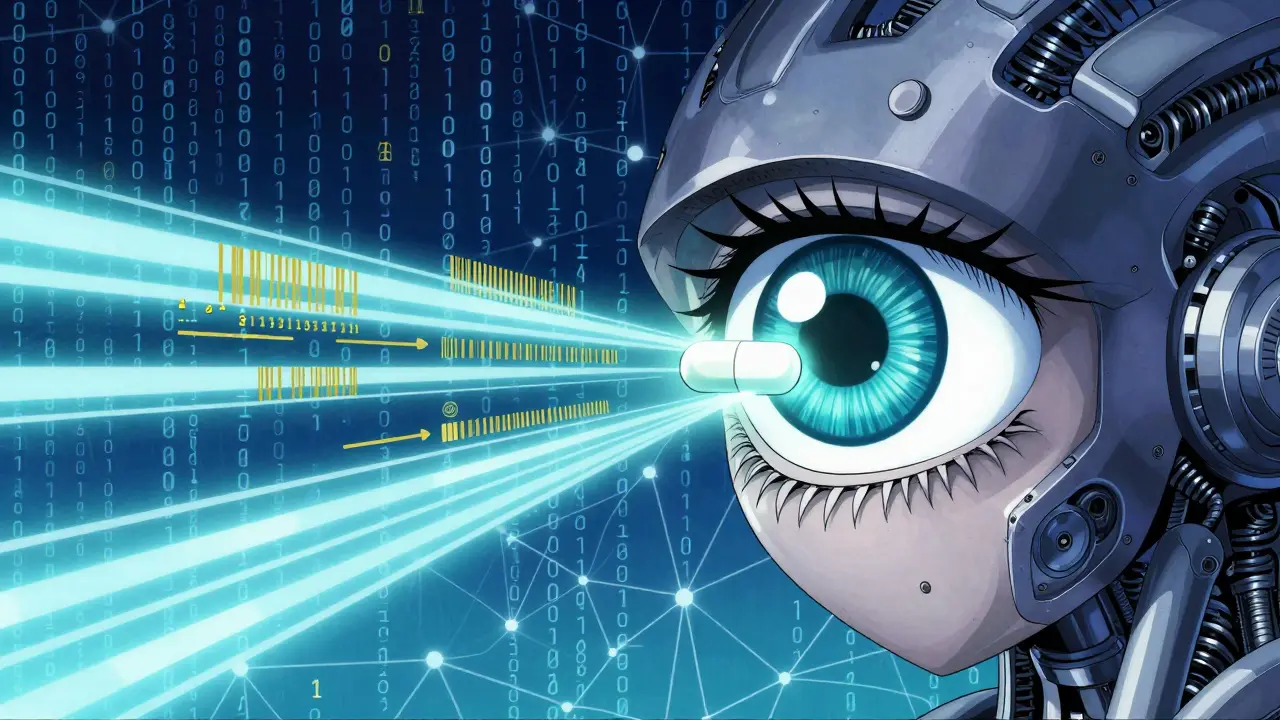 Cybernetic eye scanning a pill with AI data streams