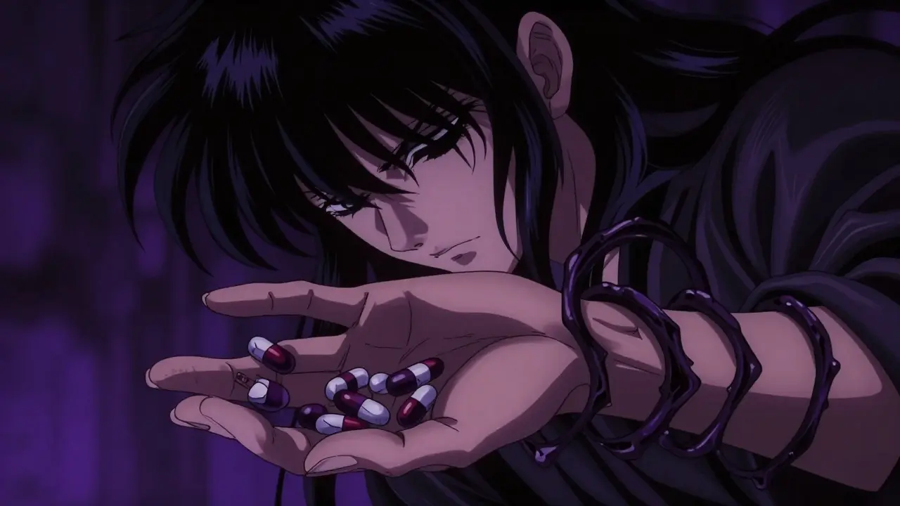 Dark, shadowy pills with tentacles wrapping around a hand in Yoshitaka Amano style.