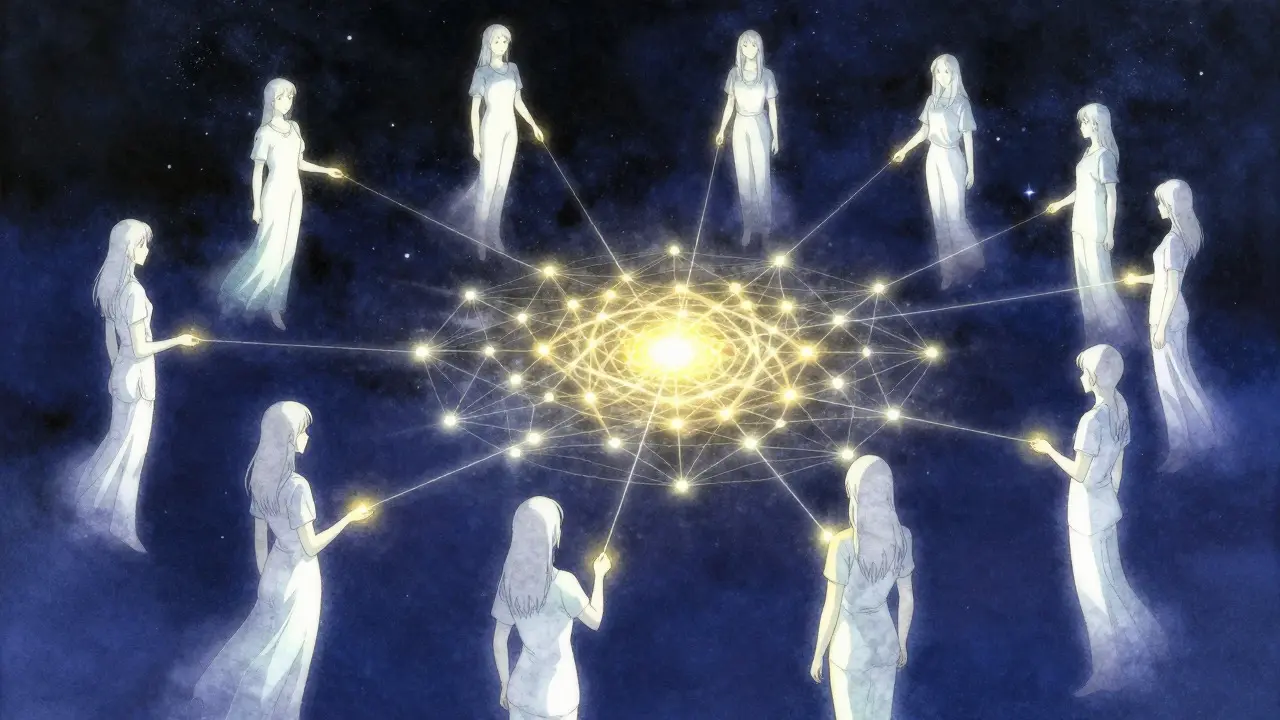 Ethereal figures connecting light strands into a central data mandala.