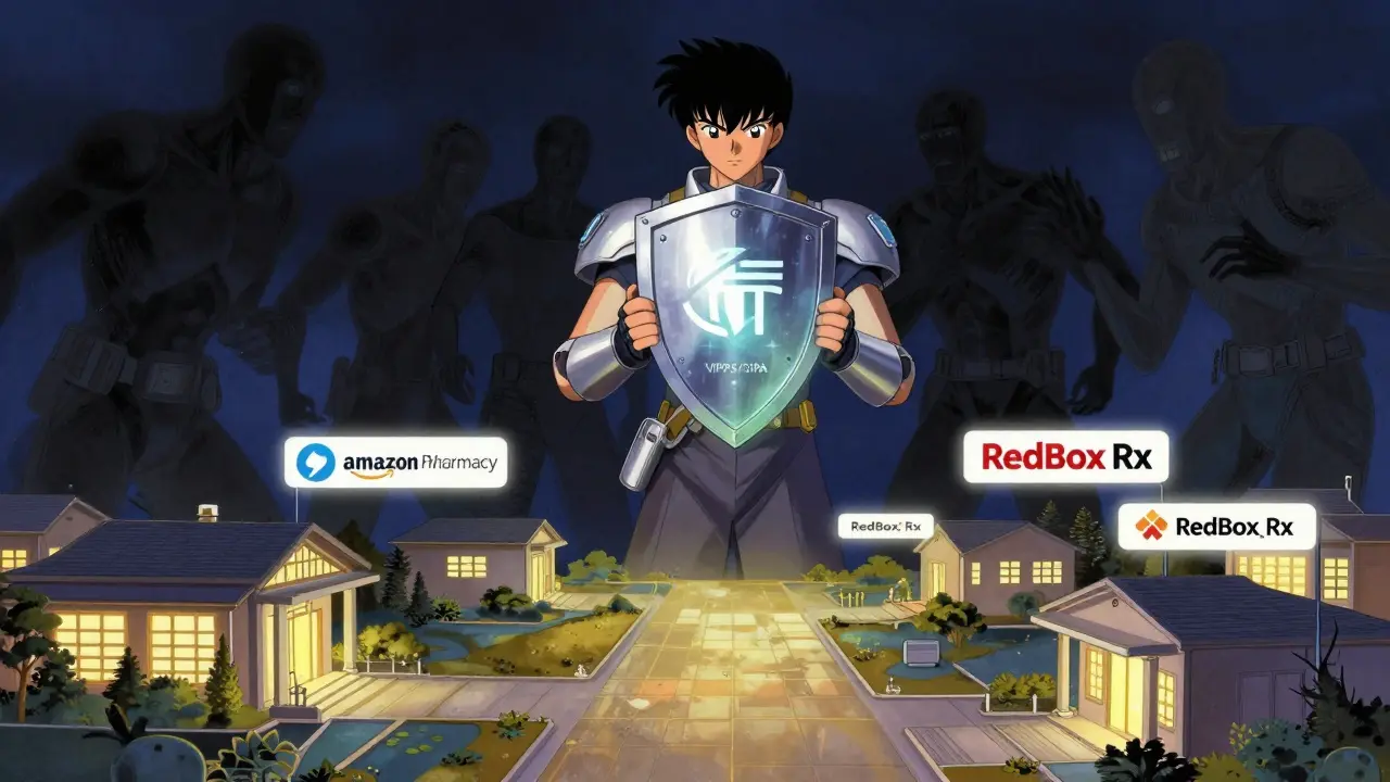 Figure holding a glowing certification shield against shadowy threats
