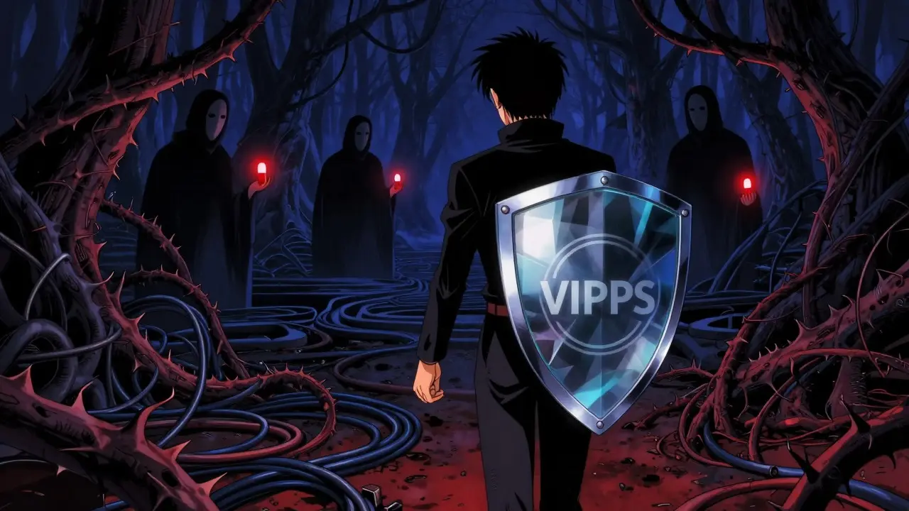 Figure shielding against shadowy fake pharmacy scams in dark anime art