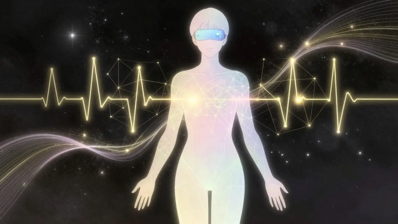 Futuristic anime illustration of a human silhouette with glowing genetic data streams, symbolizing personalized sleep tech.