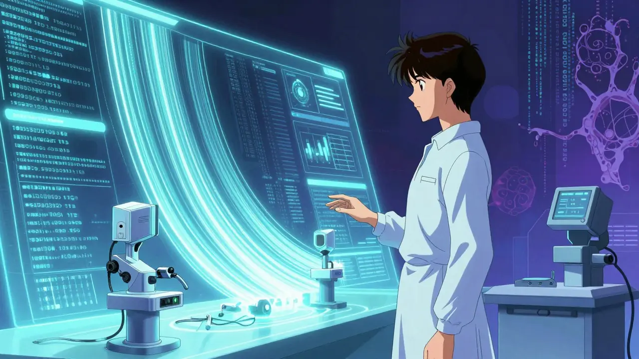 Futuristic figure overseeing holographic AI quality control data streams