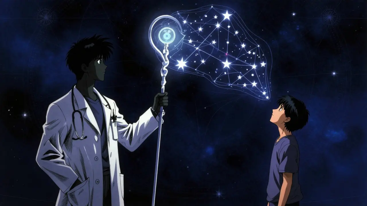 Mystical anime illustration of a doctor showing a starry map to a hopeful patient