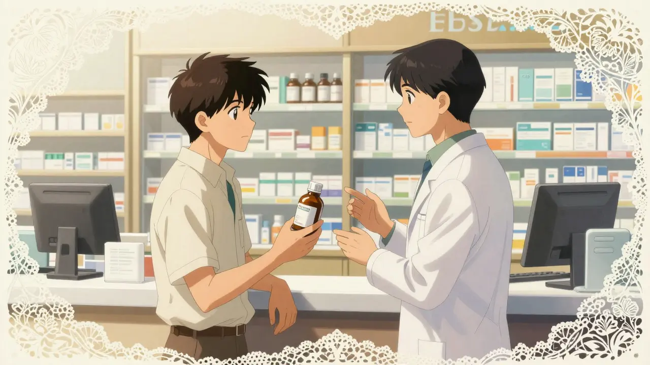 Patient consulting pharmacist at counter in elegant, detailed anime illustration