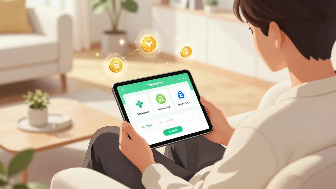 Person using tablet for safe telehealth prescription in bright anime style
