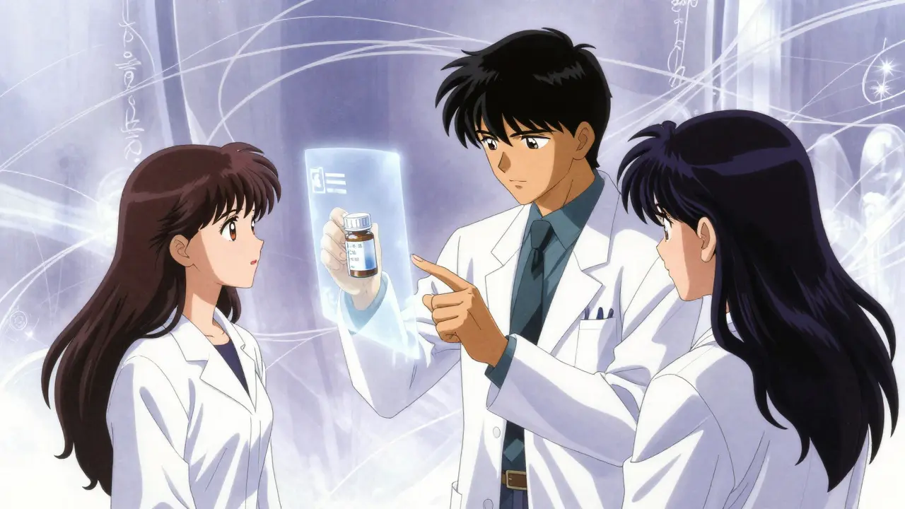 Pharmacist explaining medicine instructions to patient in ethereal setting