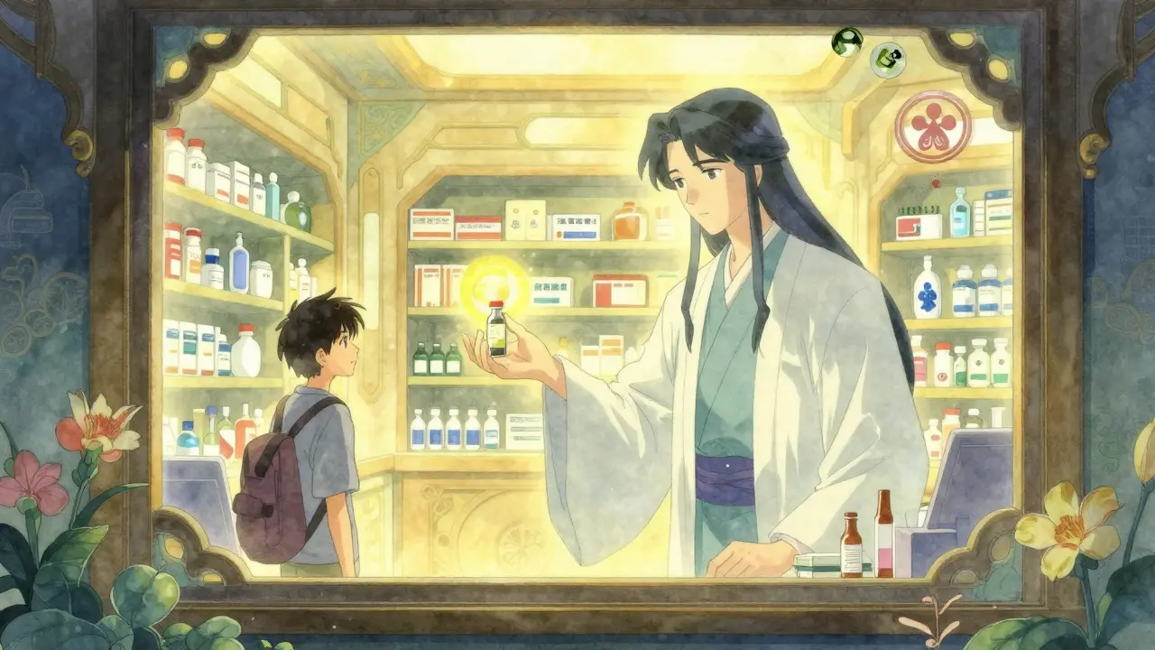 Pharmacist handing glowing medicine to traveler