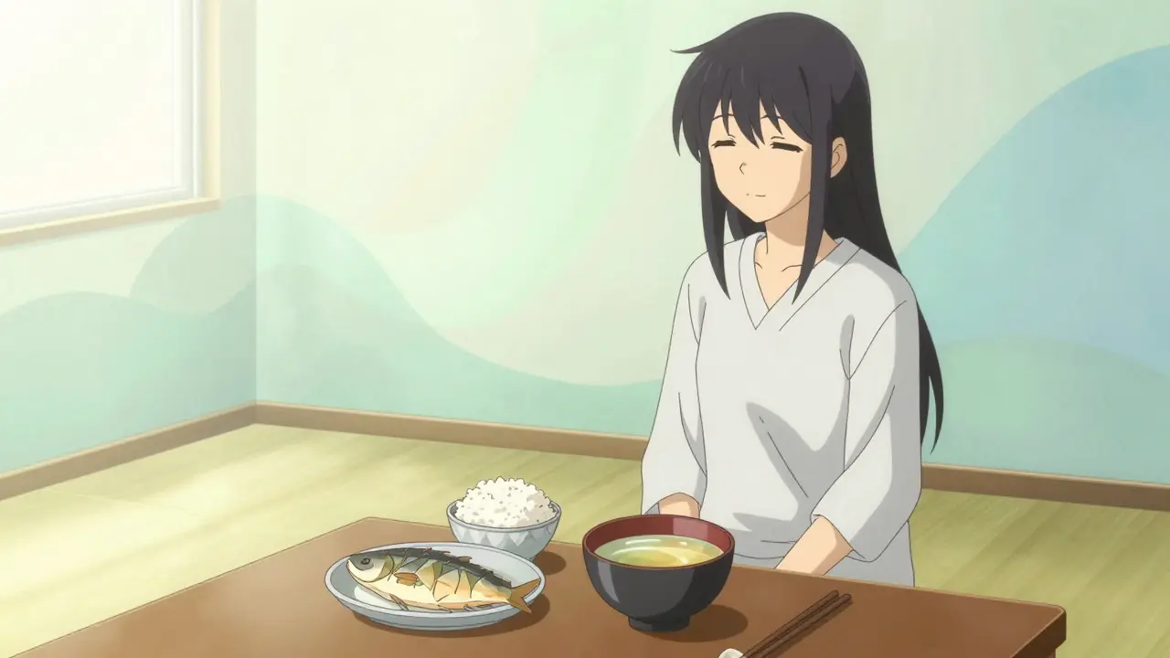 Serene anime scene of a person eating gentle foods like rice and fish for UC remission