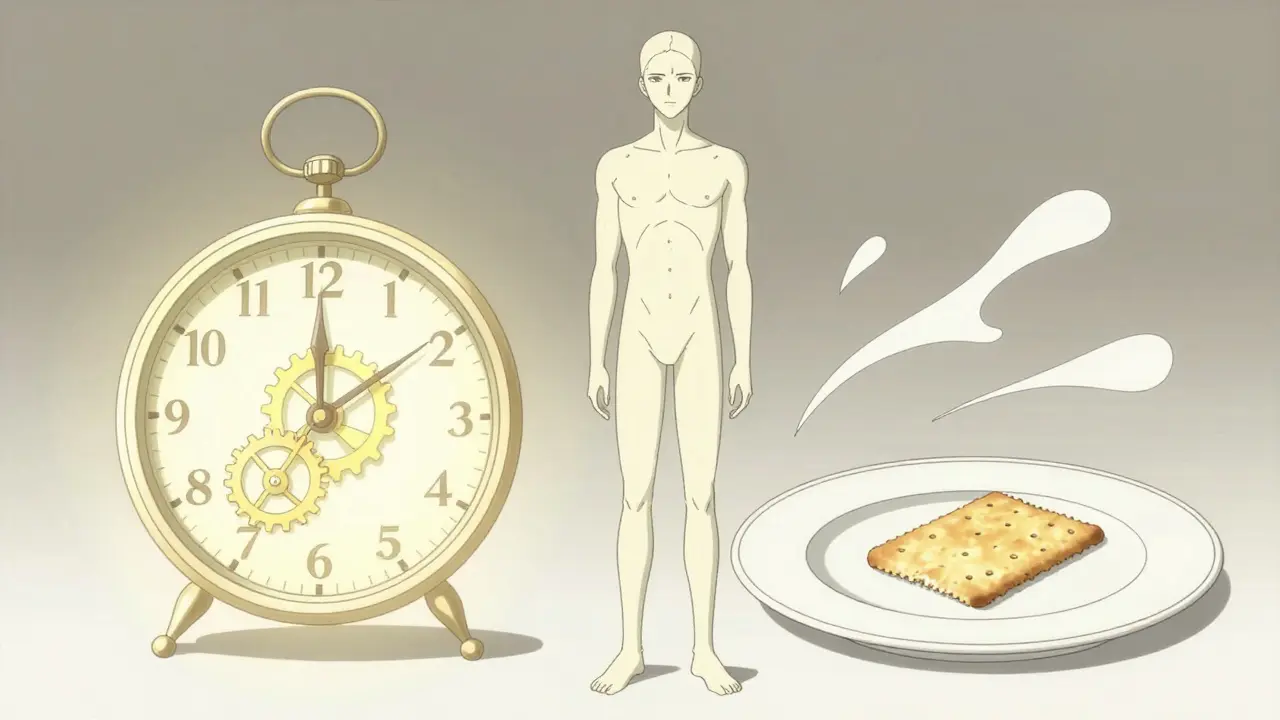 Stylized figure balancing a clock and food, representing med timing rules