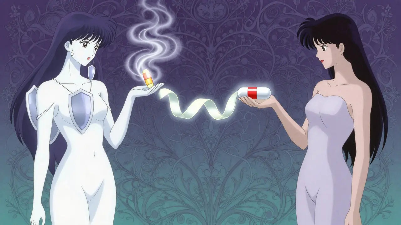 Stylized figures holding tablets transforming into mist and light ribbons