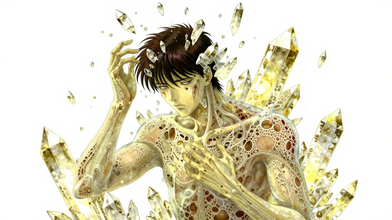 Translucent figure surrounded by crystals and evaporation, symbolizing toxicity.