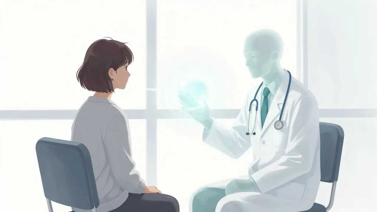 Abstract depiction of telehealth consultation with luminous connection orb