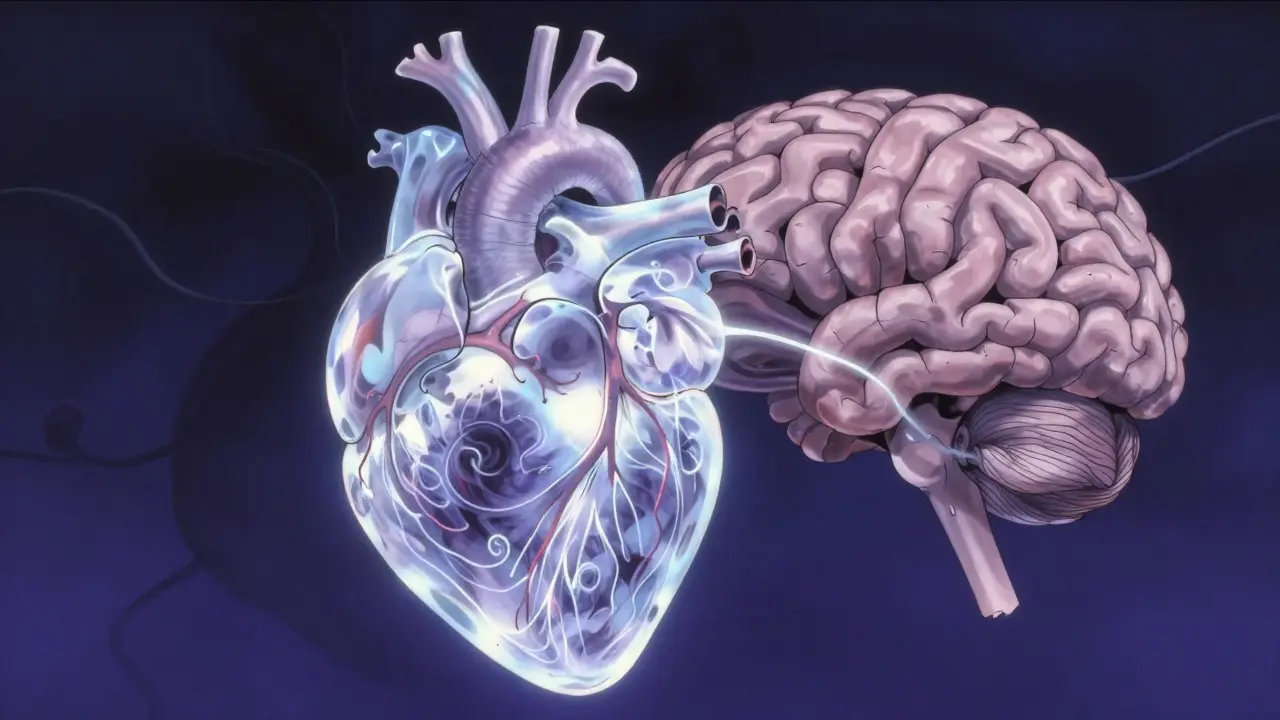 Amano-style art of a crystalline heart and brain connected by light