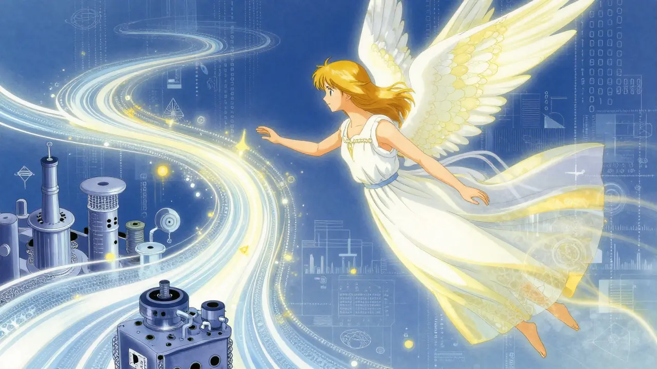 Anime art of a futuristic guardian guiding data streams to prevent defects