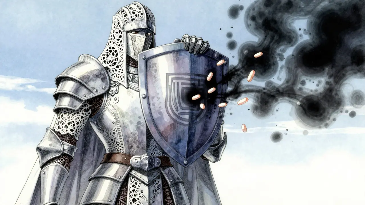 Anime guardian holding an accreditation shield against dark shadows