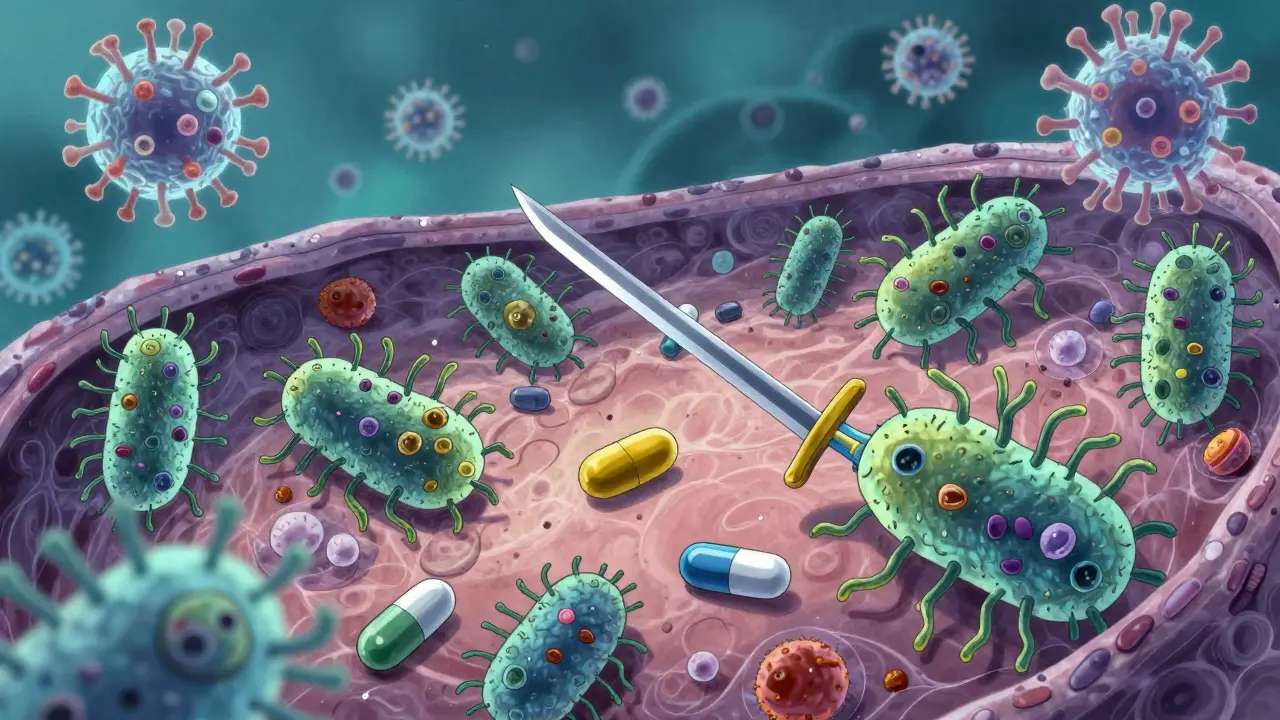 Anime style: Antibiotics defeating bacteria while viruses remain unaffected