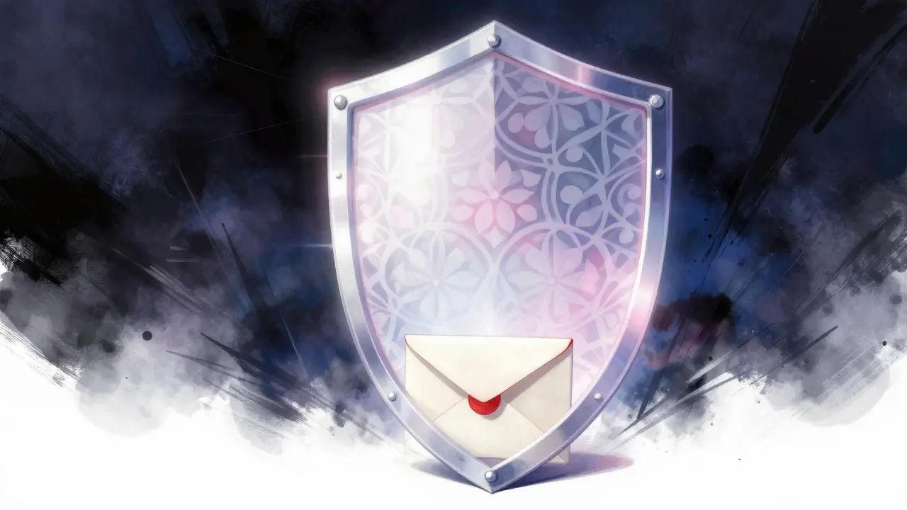 Anime-style image of a protective shield guarding a secure envelope against dark shadows