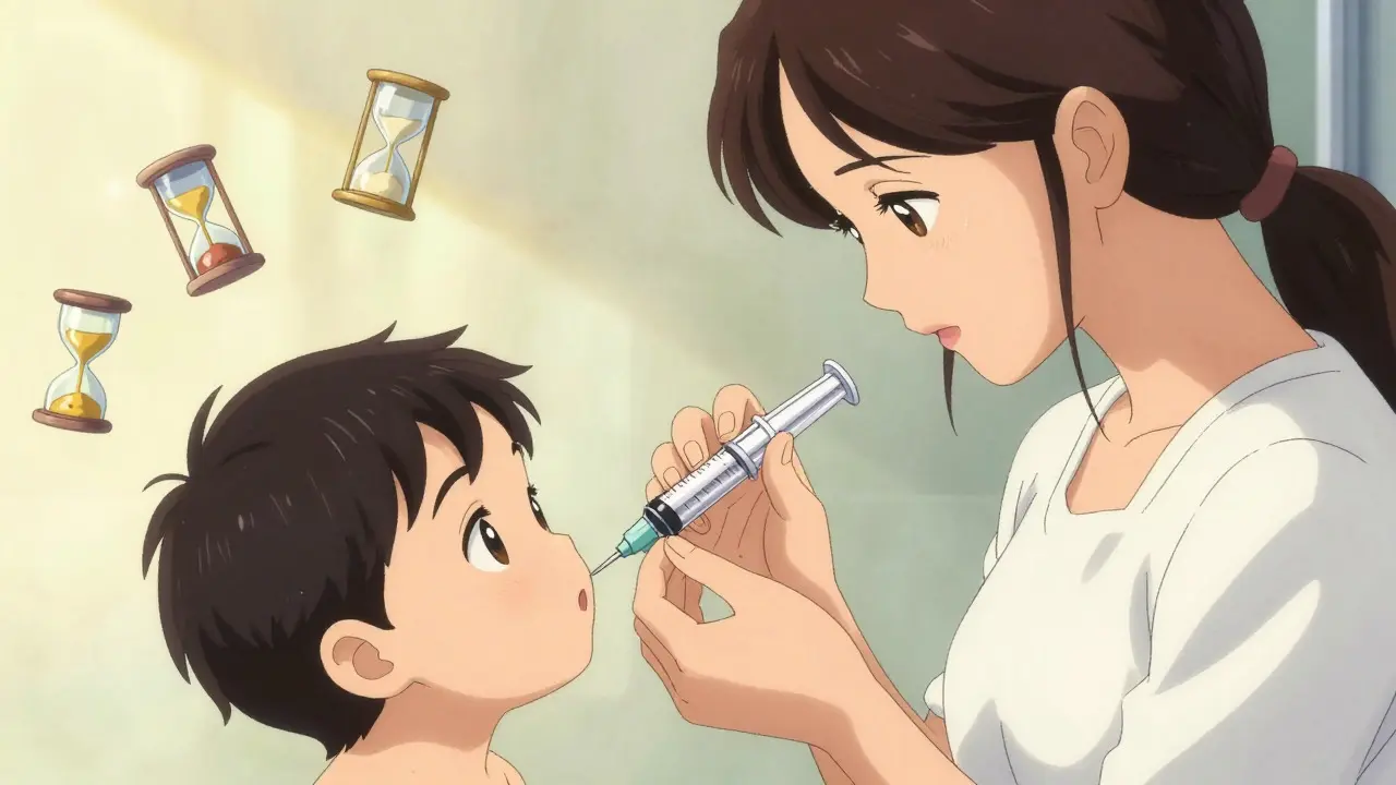 Anime style: Mother giving child medicine with a dosing syringe