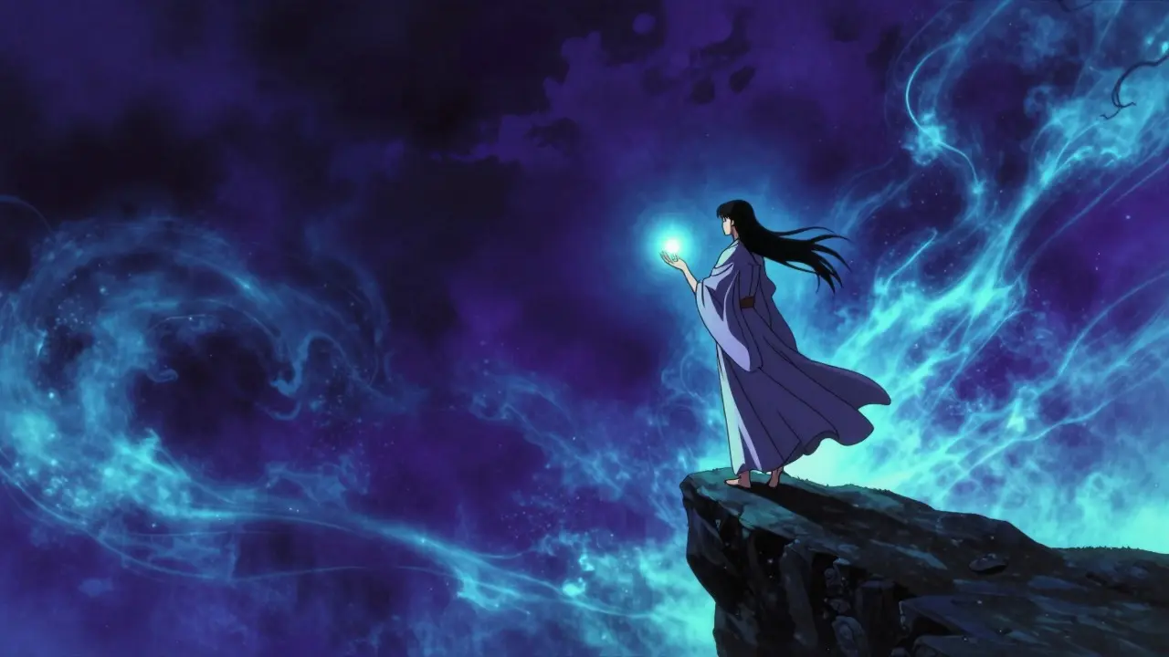 Ethereal anime figure holding a glowing orb above a dark abyss