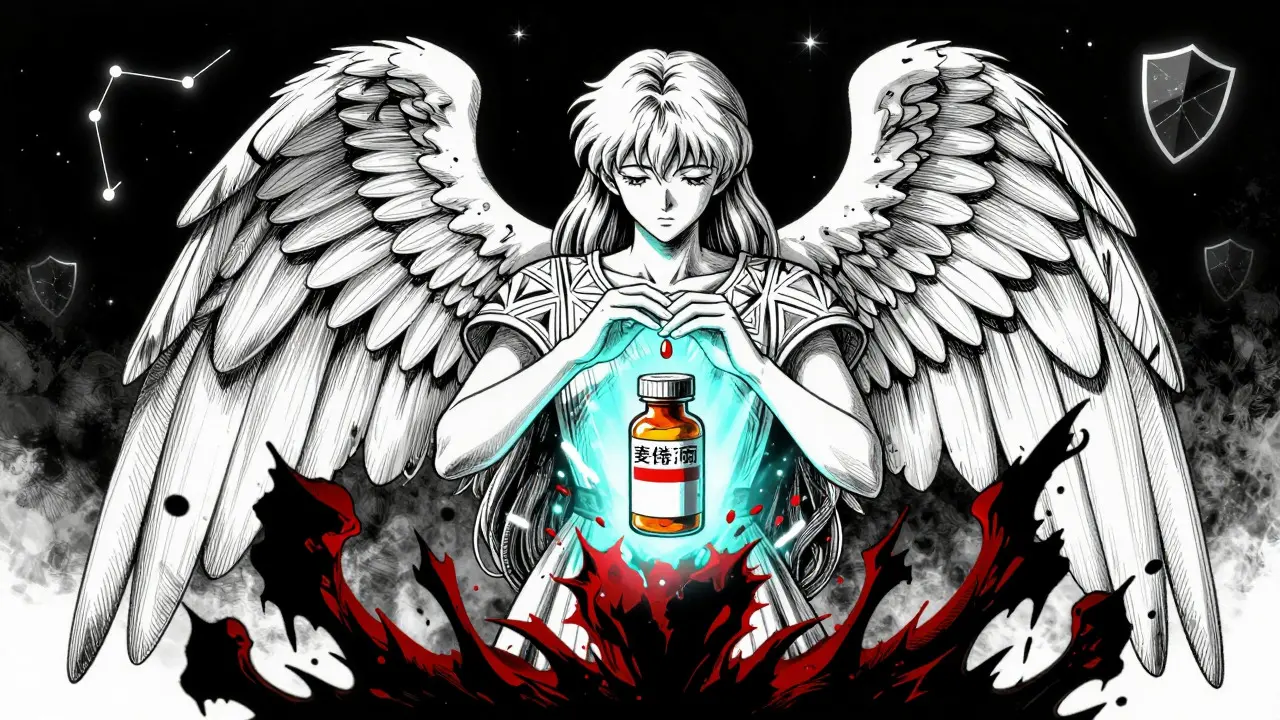 Fantasy angel protecting medicine bottle from dark shadows