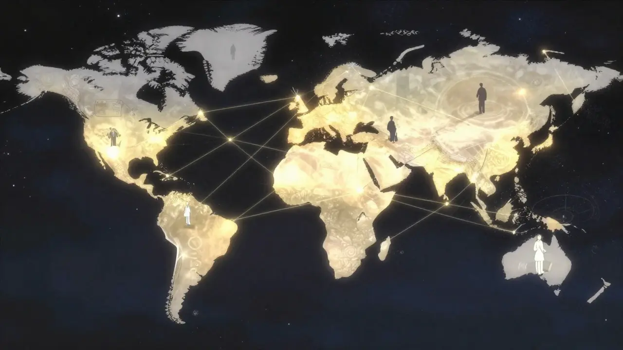 Futuristic anime depiction of a global network connecting regulatory hubs