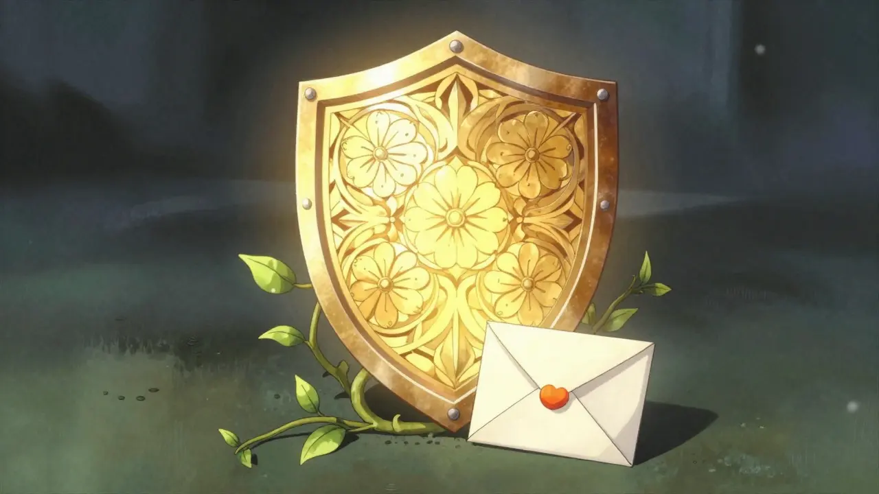 Golden shield with floral patterns protecting a sealed envelope