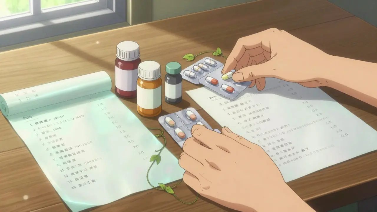 Hands comparing two lists of medications and pill bottles on a table in Amano style