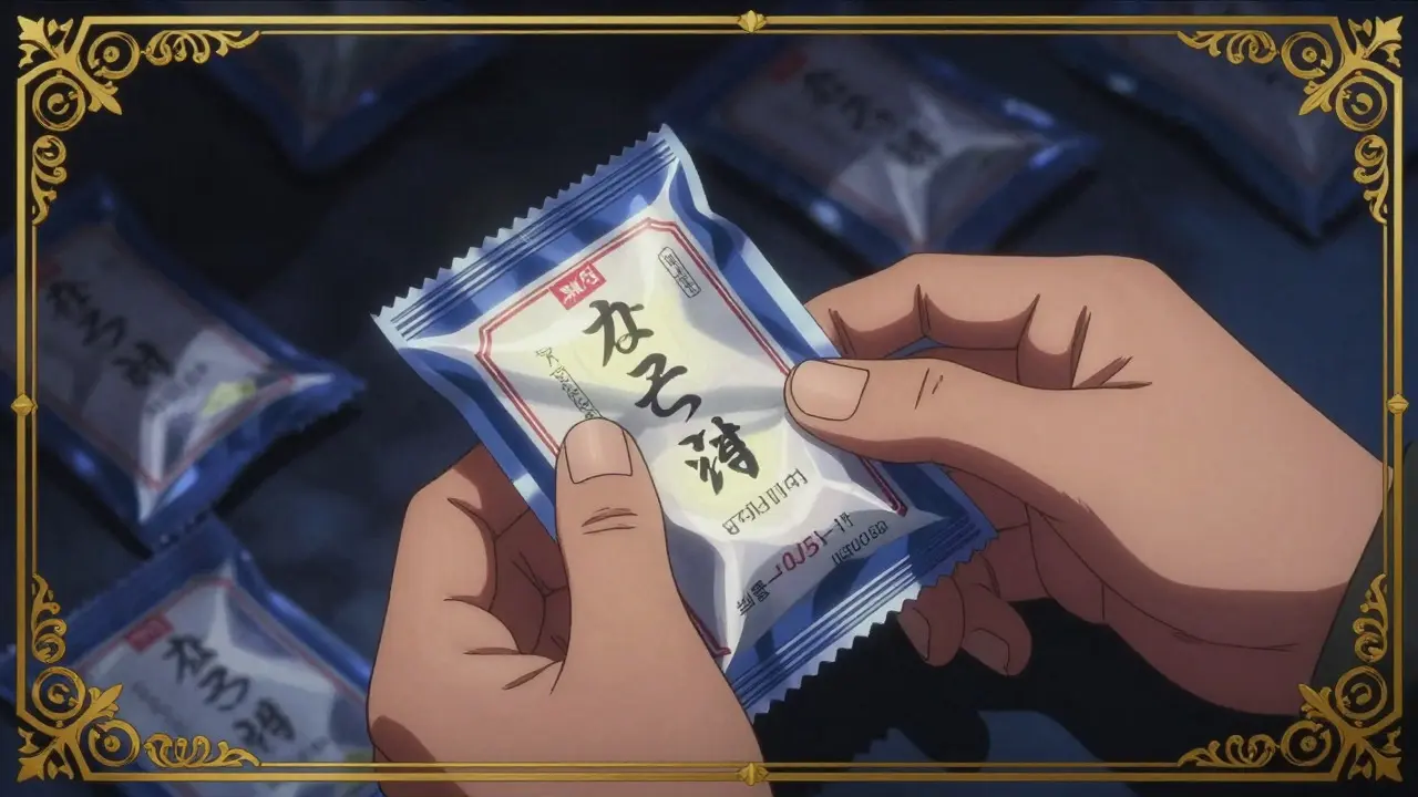 Hands inspecting genuine glowing product amidst shadowy counterfeits