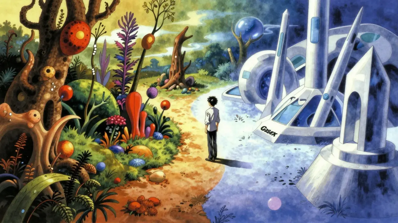 Mystical figure choosing between natural herbal path and pharmaceutical structure