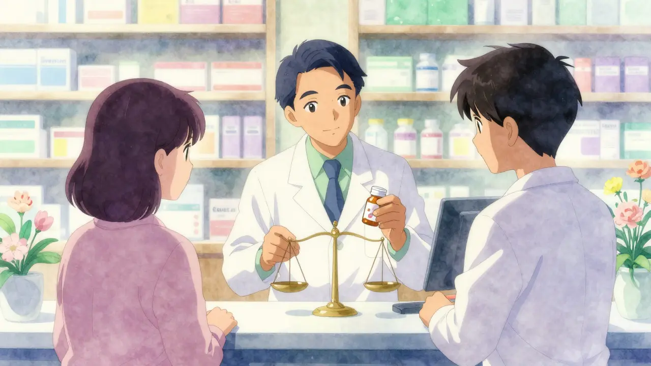 Pharmacist and patient discussing medication safety across a counter in Amano style