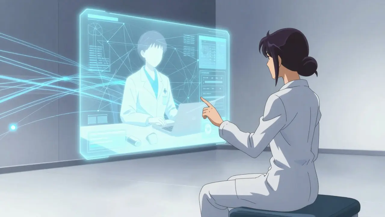 Surreal anime scene of digital telehealth consultation with floating light